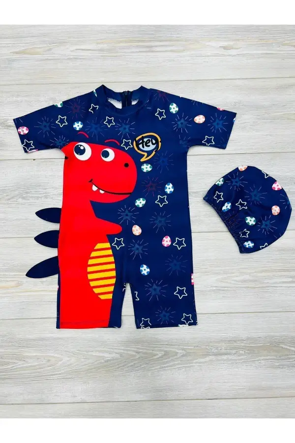 Tatlı Dino Temalı Boneli Erkek Çocuk Mayo Takımı