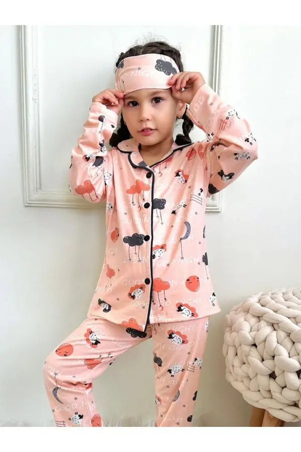 BULUT BASKILI GÖZ BANTLI ÖNDEN DÜĞMELİ 2İPLİK KIZ ÇOCUK PİJAMA TAKIMI