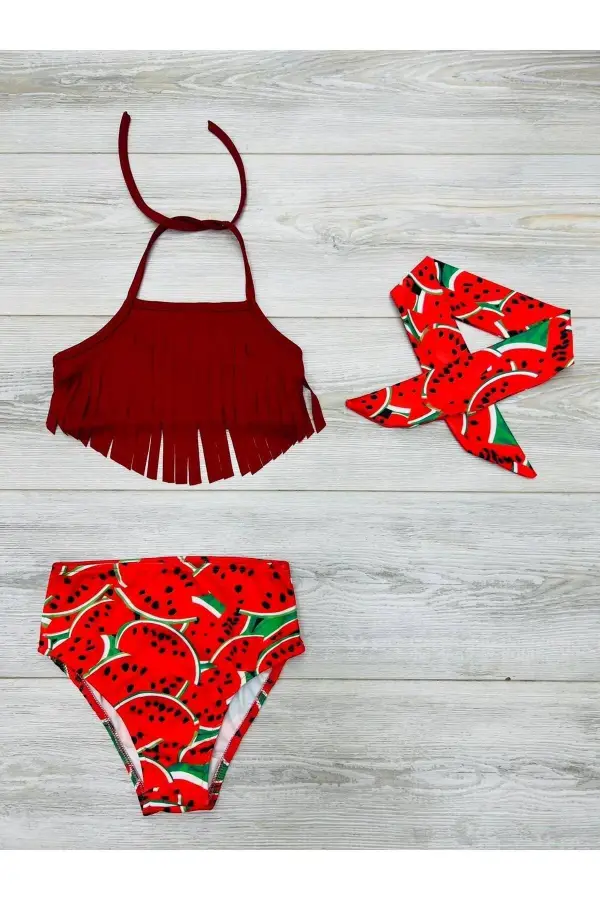 Bandanalı Fırfır Detaylı Yüksek Bel Kız Çocuk Mayo Takımı