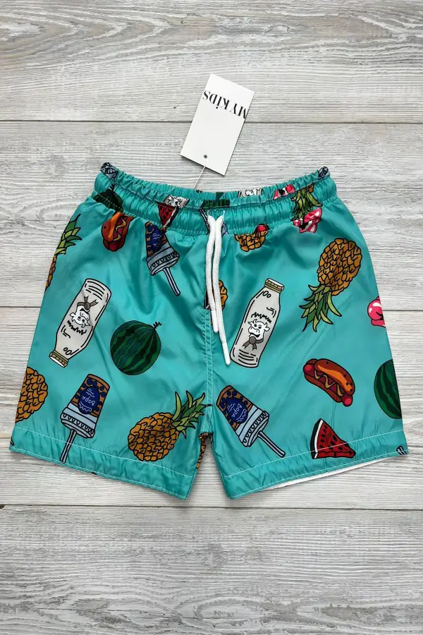 Tropikal Meyve Desenli Paraşüt Kumaş Su Tutmayan Erkek Bebek Ve Çocuk Deniz Şortu