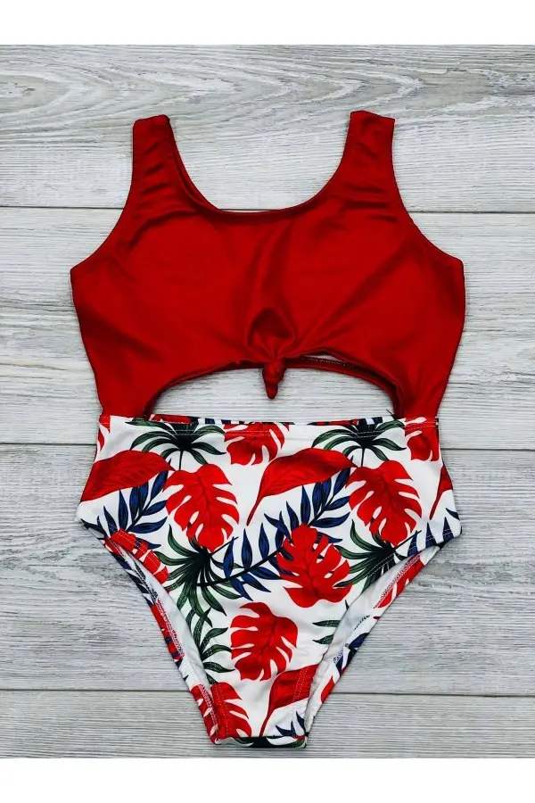 Kız Çocuk Sırt Detaylı Önden Bağlamalı Desenli Mayo