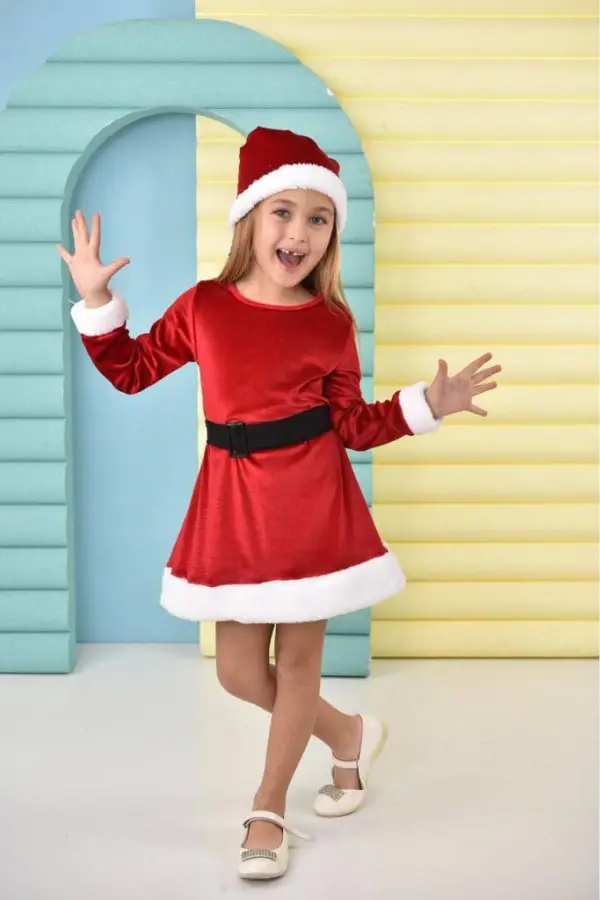Parıltılı Boneli Ponponlu Kemerli Kadife Kız Çocuk Noel Elbisesi