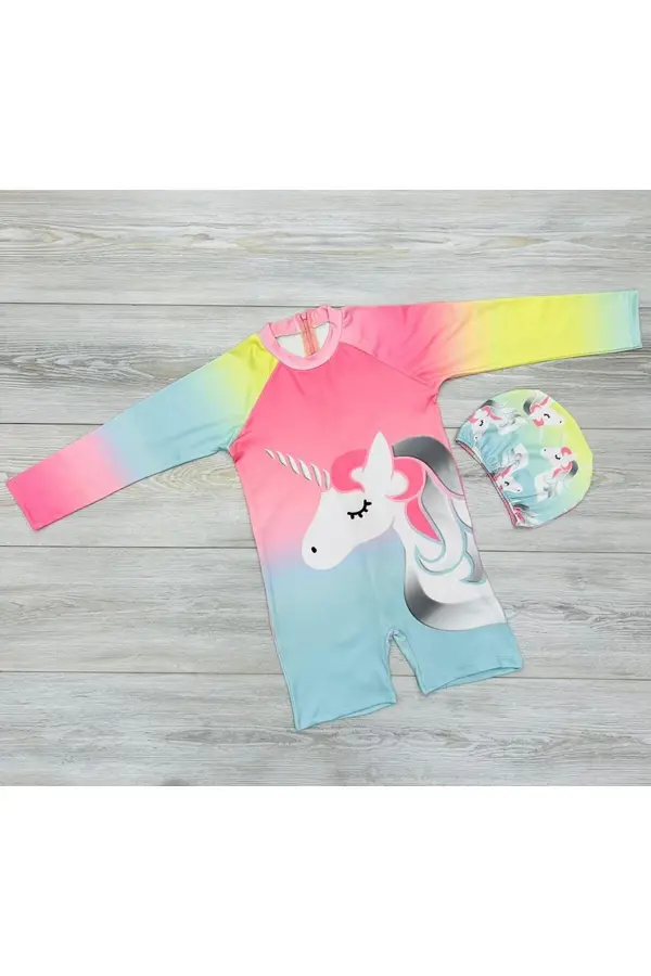 Kız Çocuk Tam Vücut Sırt Fermuarlı Mayo Süper Desen Baskılı Boneli Takım