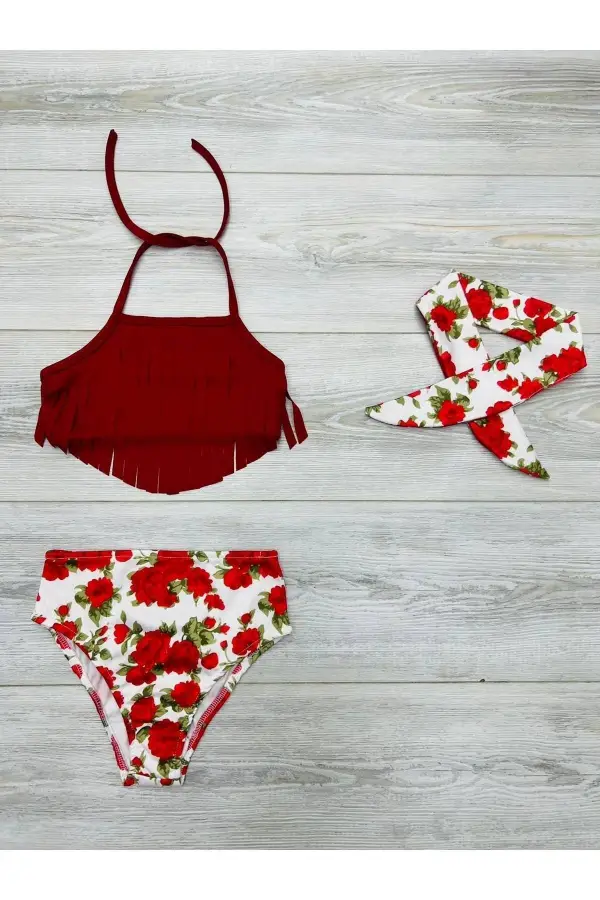 Bandanalı Fırfır Detaylı Yüksek Bel Kız Çocuk Mayo Takımı