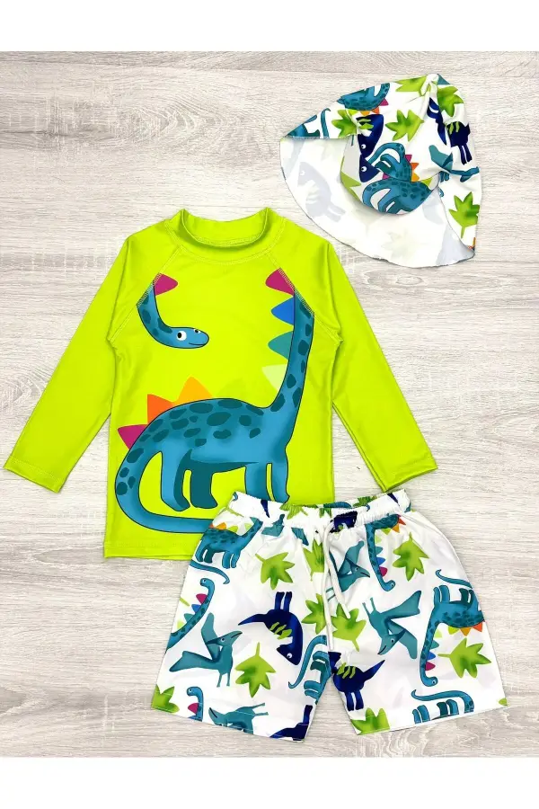 Güneş Korumalı Boneli Karakter Desenli Deniz Şortlu Mayo Takım