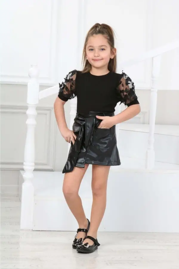 Üçboyutlu Tüllü Kelebekli Kol Detaylı Alt Deri,kargo Cepli Kemerli Etekli Kız Çocuk Takımları