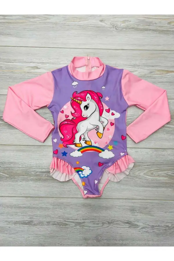 Uzun Kollu Karakter Baskılı Fırfır Detaylı Mayo