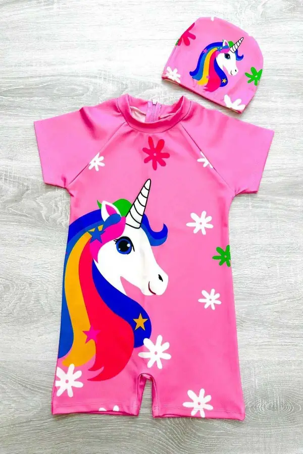 Karakter Desenli Fermuarlı Kız Çocuk Mayo