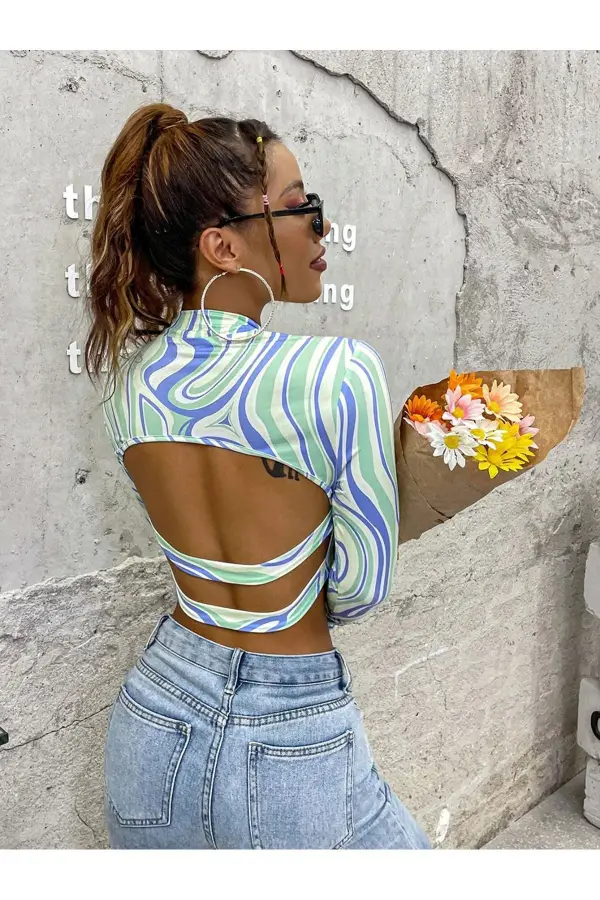 Sırt Dekolteli Bağlamalı Dijital Baskılı Crop