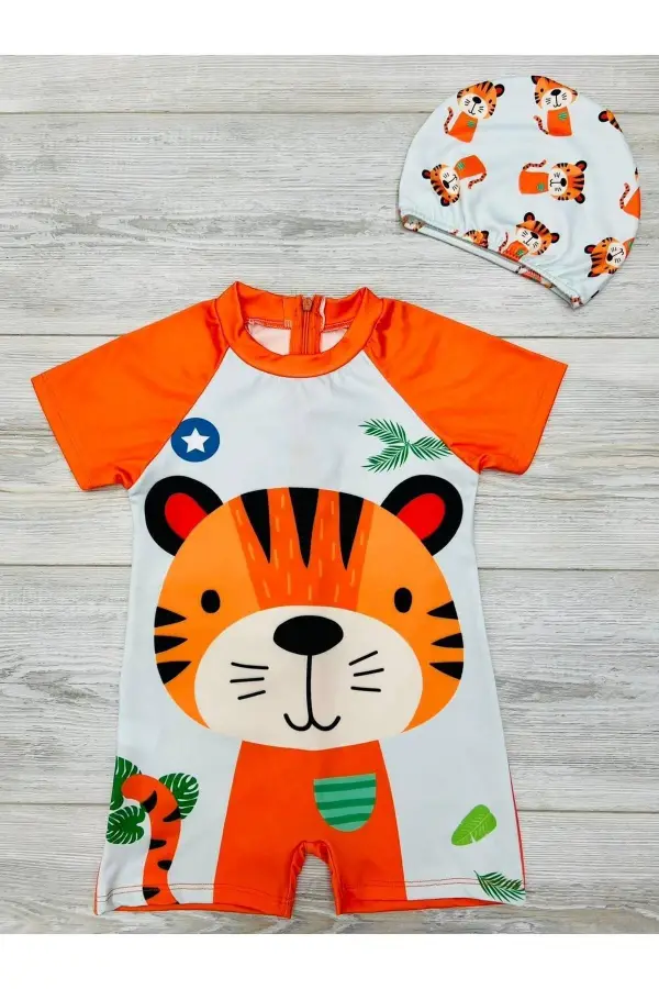 Çizgi Film Desenli Fermuarlı Boneli Erkek Çocuk Mayo Takımı