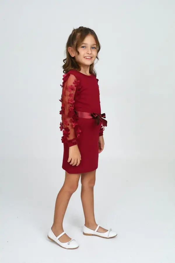 Belden Bağlamalı Tül Detaylı Çocuk Elbise