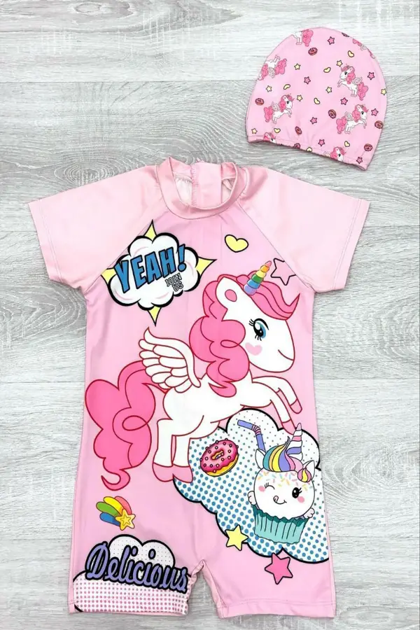 Çizgi Film Desenli Fermuarlı Boneli Kız Çocuk Mayosu