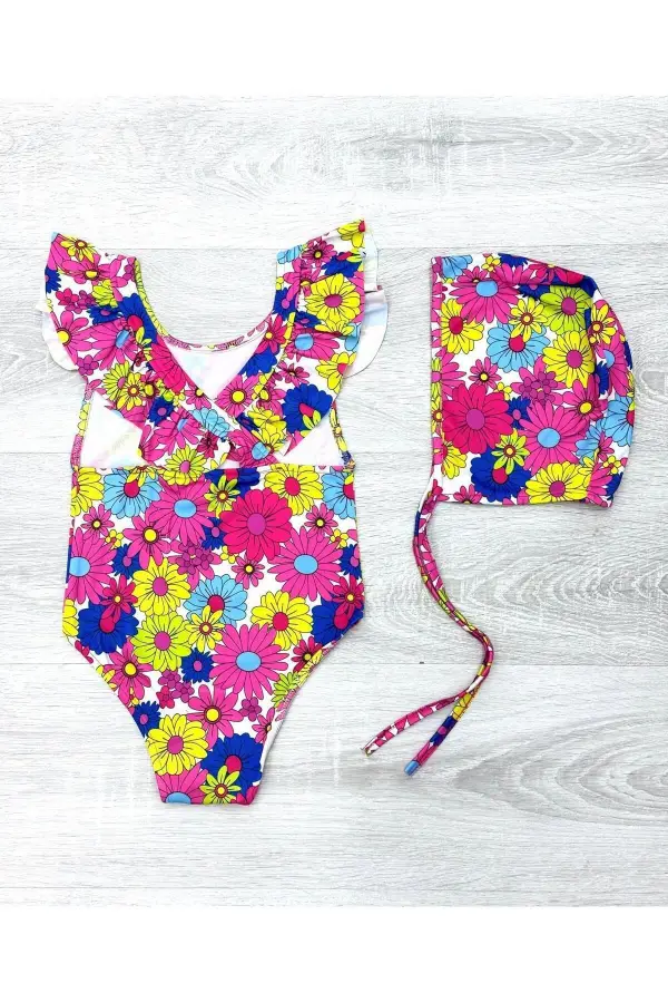 Sırttan Çapraz Fırfır Detaylı Boneli Kız Çocuk Mayo