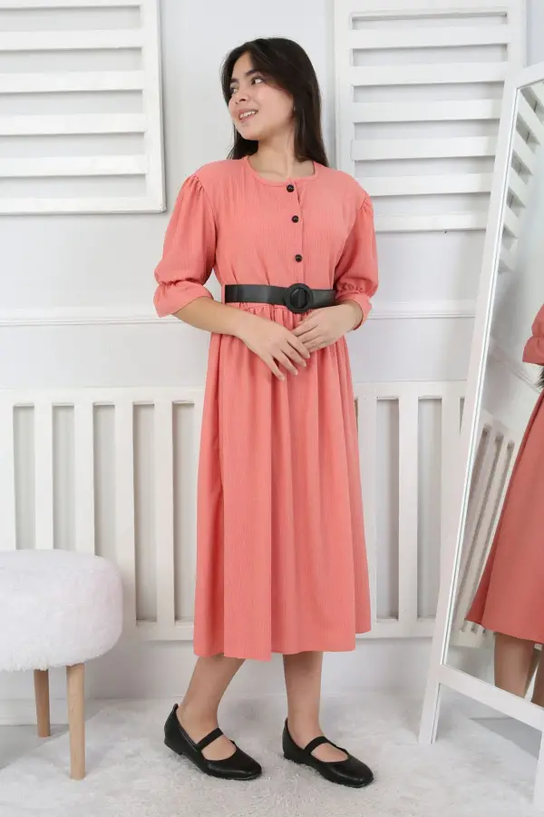 Beli Büzgü Ve Kemerli Kız Çocuk Elbise