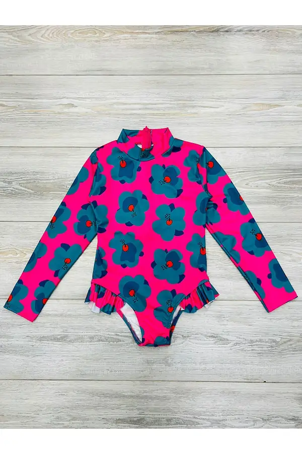 Uzun Kollu Çicek Baskılı Fırfır Detaylı Mayo