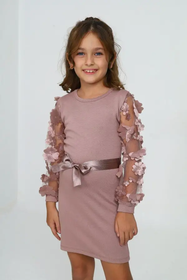 Belden Bağlamalı Tül Detaylı Çocuk Elbise Mykids Collection