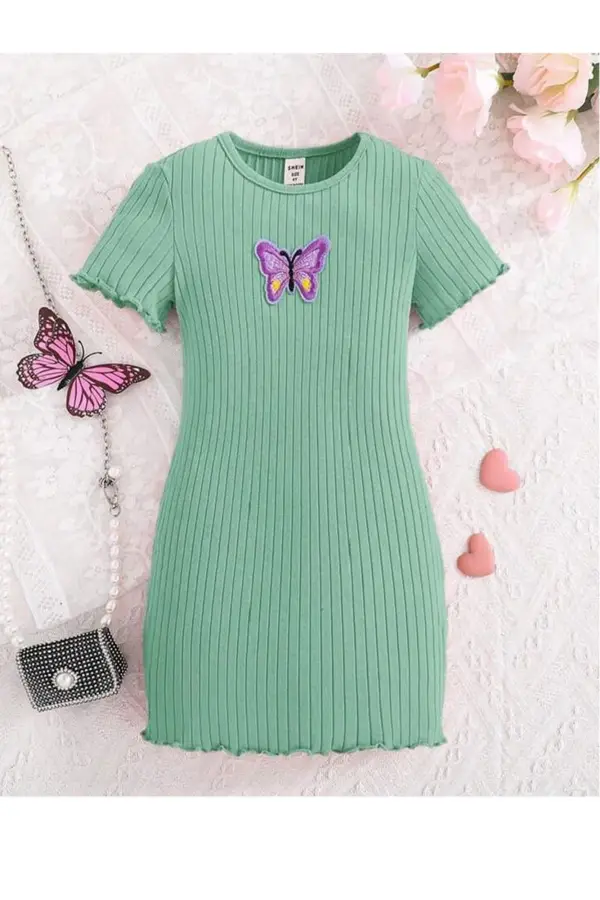 Kelebek Detaylı Fitilli Kız Çocuk Elbise