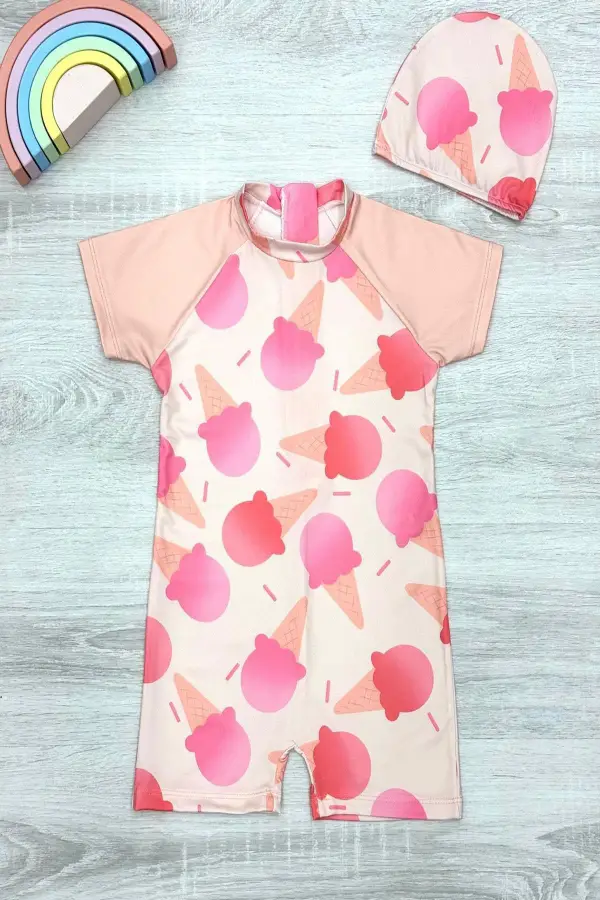 Dalgıç Kumaş Gizli Fermuarlı Boneli Karakter Desenli Kız Çocuk Mayo