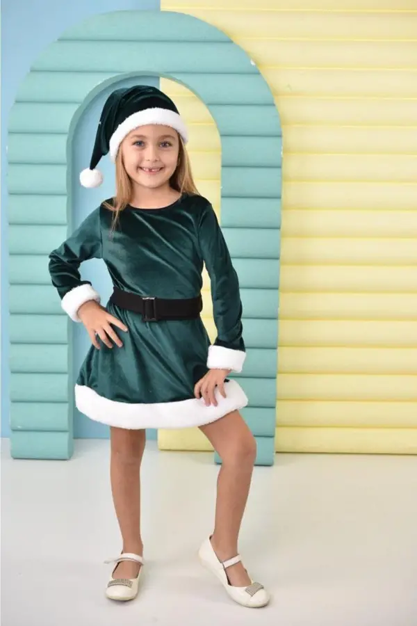Parıltılı Boneli Ponponlu Kemerli Kadife Kız Çocuk Noel Elbisesi