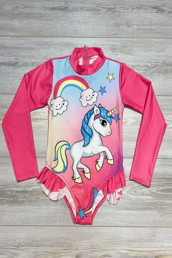 Uzun Kollu Karakter Baskılı Fırfır Detaylı Mayo