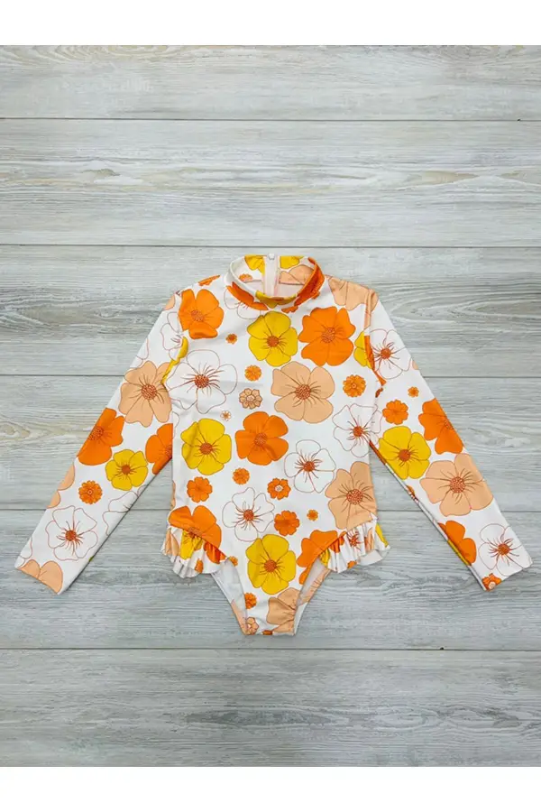 Uzun Kollu Çicek Baskılı Fırfır Detaylı Mayo