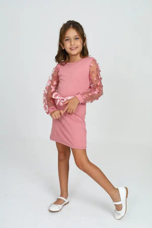 Belden Bağlamalı Tül Detaylı Çocuk Elbise Mykids Collection