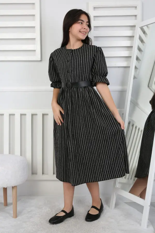 Beli Büzgü Ve Kemerli Kız Çocuk Elbise