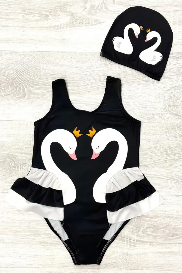 Zarif Kuğu Desenli Üç Kat Fırfır Detaylı Boneli Kız Çocuk Mayo