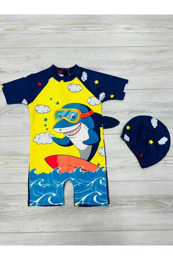 Tatlı Dino Temalı Boneli Erkek Çocuk Mayo Takımı