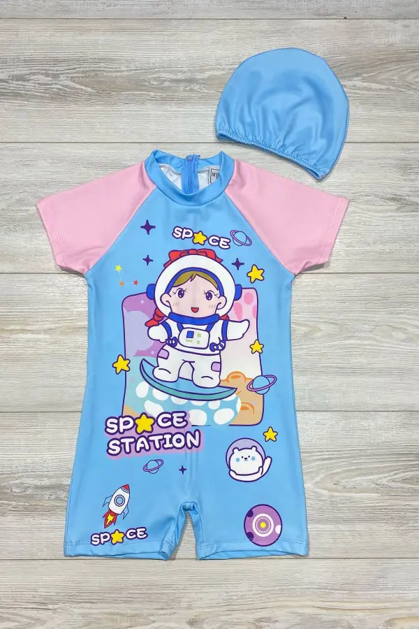 Çizgi Film Desenli Fermuarlı Boneli Kız Çocuk Mayosu