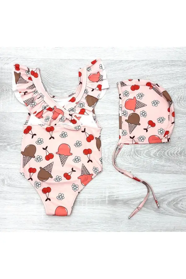 Sırttan Çapraz Fırfır Detaylı Boneli Kız Çocuk Mayo