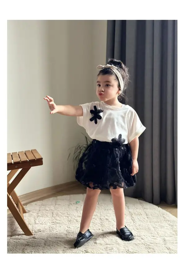 Zambak Çicekli Kız Çocuk Etekli Takım