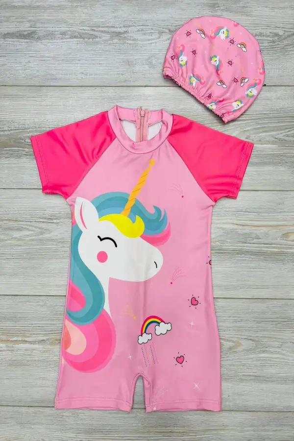 Çizgi Film Desenli Fermuarlı Boneli Kız Çocuk Mayosu