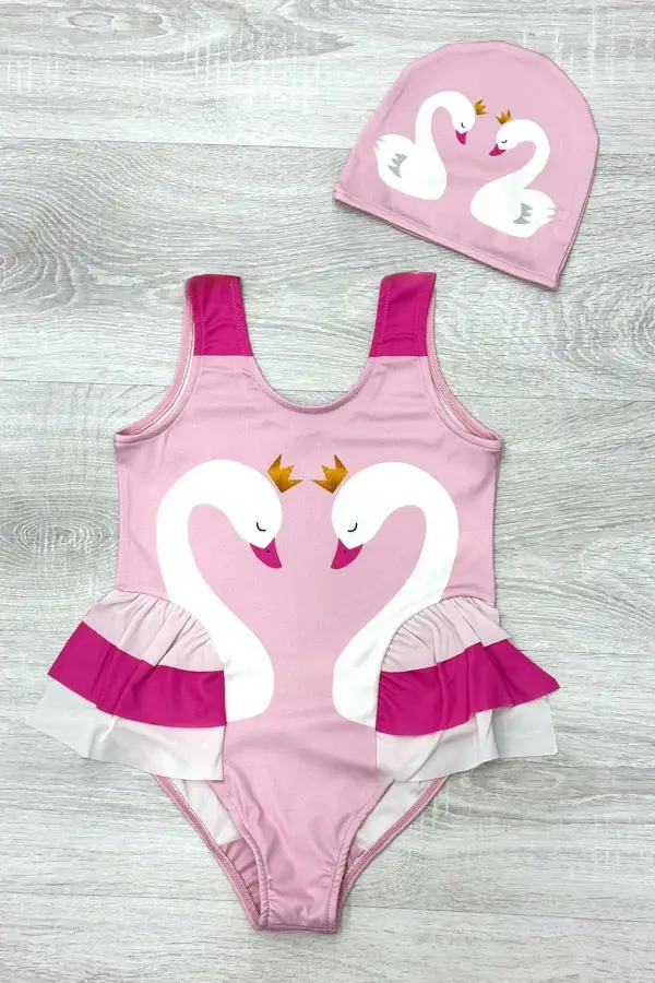 Zarif Kuğu Desenli Üç Kat Fırfır Detaylı Boneli Kız Çocuk Mayo