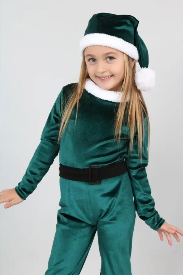 Işıltılı Boneli Ponponlu Kemerli Kadife Kız Çocuk Noel Elbisesi