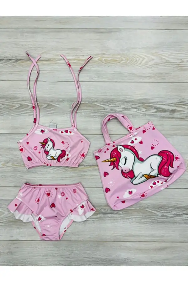 Çantalı  Kız Çocuk Fırfırlı Bikini Takım Üstü Baskılı Kız Çocuk Mayo