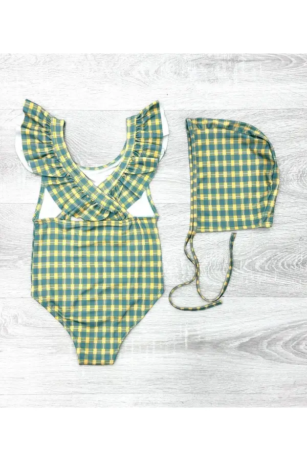 Sırttan Çapraz Fırfır Detaylı Boneli Kız Çocuk Mayo