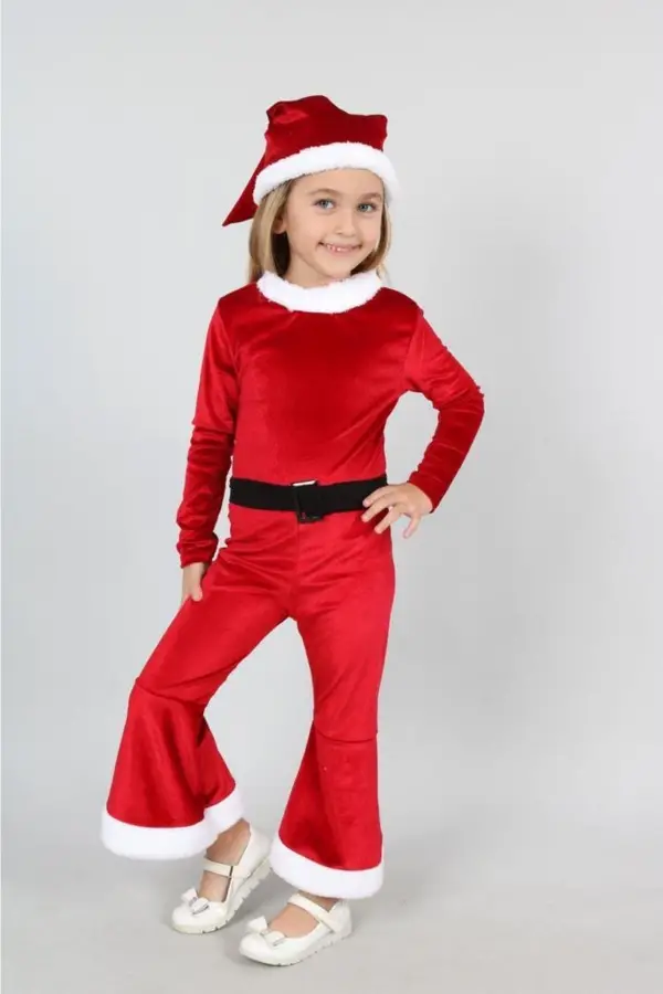 Işıltılı Boneli Ponponlu Kemerli Kadife Kız Çocuk Noel Elbisesi