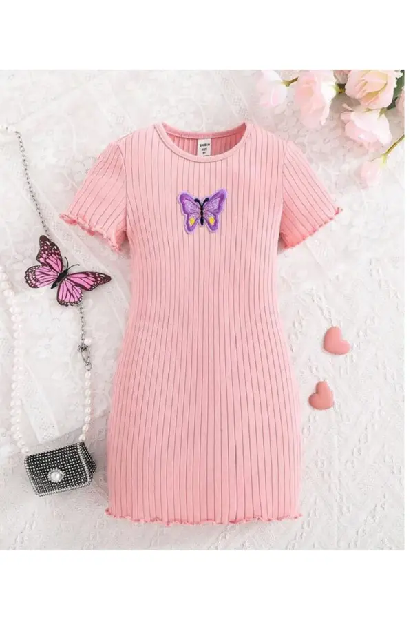 Kelebek Detaylı Fitilli Kız Çocuk Elbise