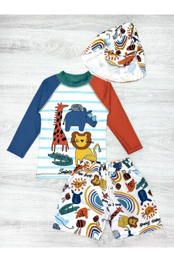 Güneş Korumalı Boneli Karakter Desenli Deniz Şortlu Mayo Takım