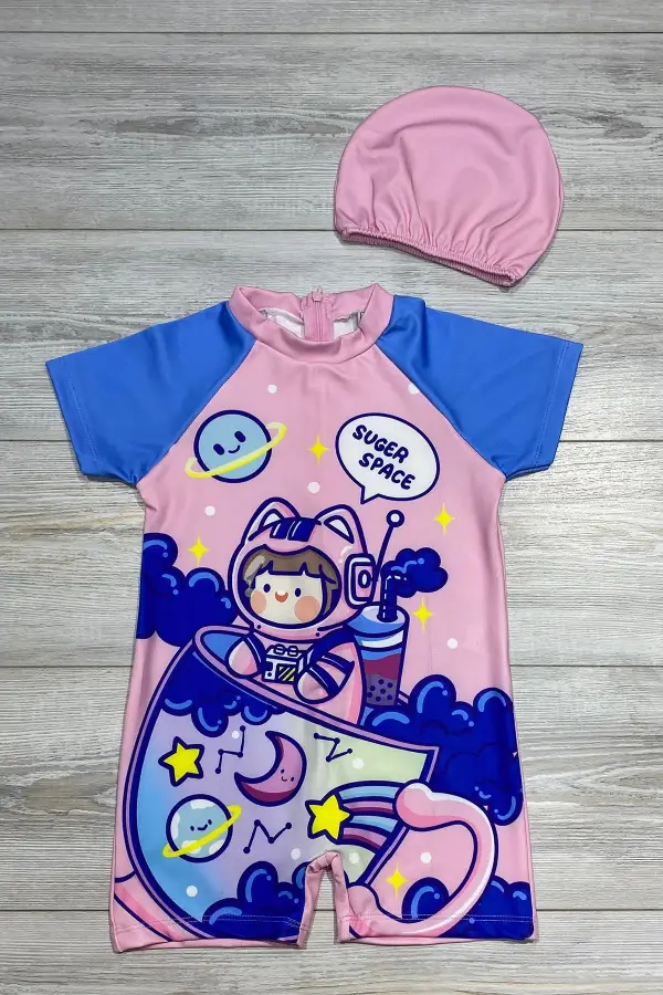 Çizgi Film Desenli Fermuarlı Boneli Kız Çocuk Mayosu