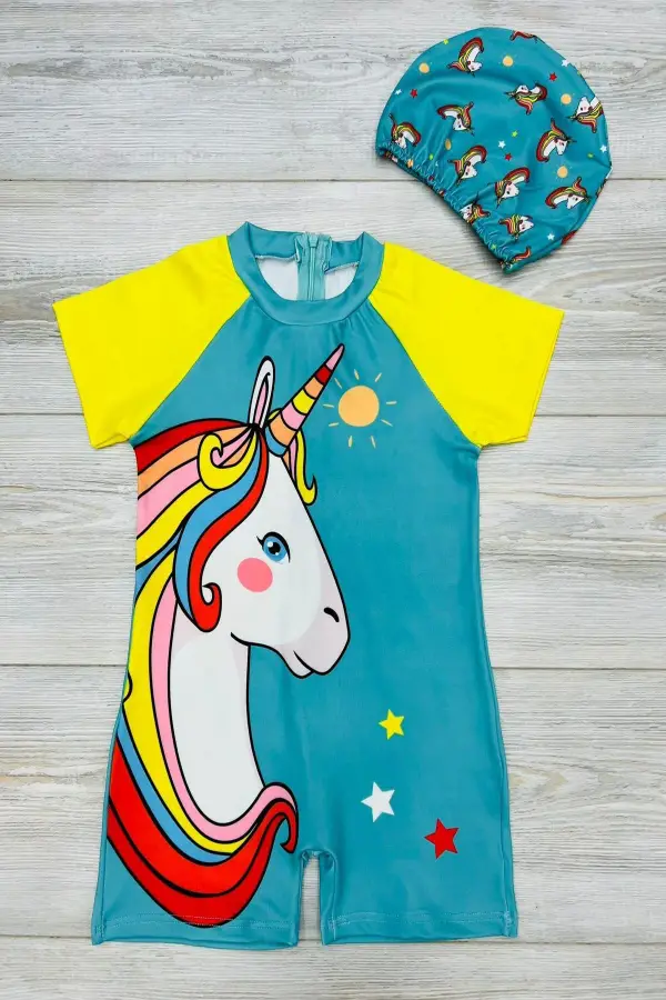 Çizgi Film Desenli Fermuarlı Boneli Kız Çocuk Mayosu