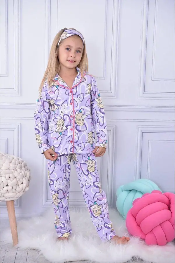 Kız Çocuk Göz Bantlı Frozen Elsa Düğmeli Uzun Kollu Pijama Takımı