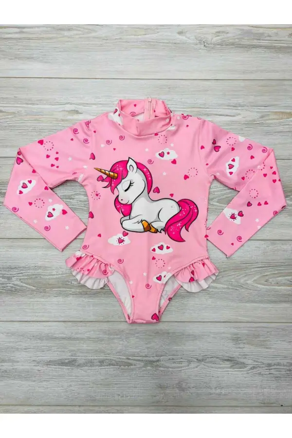 Uzun Kollu Karakter Baskılı Fırfır Detaylı Mayo