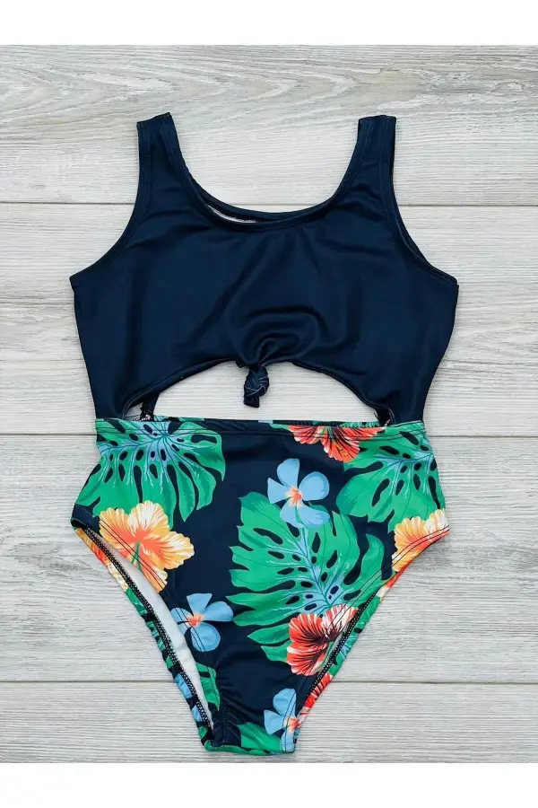 Kız Çocuk Sırt Detaylı Önden Bağlamalı Desenli Mayo