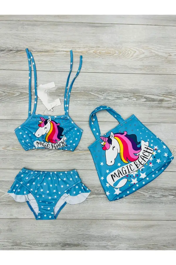 Çanta Hediyeli Kız Çocuk Fırfırlı Bikini Takım Üstü Baskılı Kız Çocuk Mayo