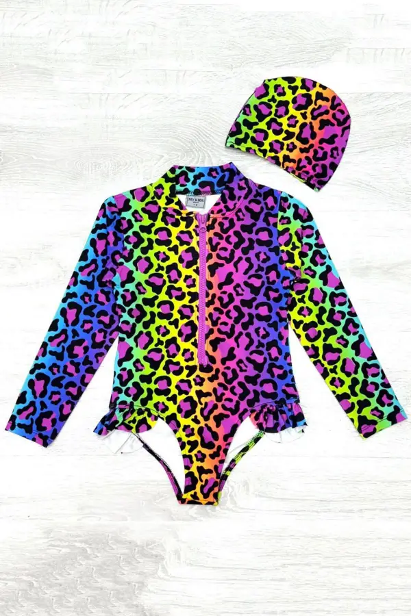 Fırfır Detaylı Leopar Desen Boneli Kız Çocuk Mayo