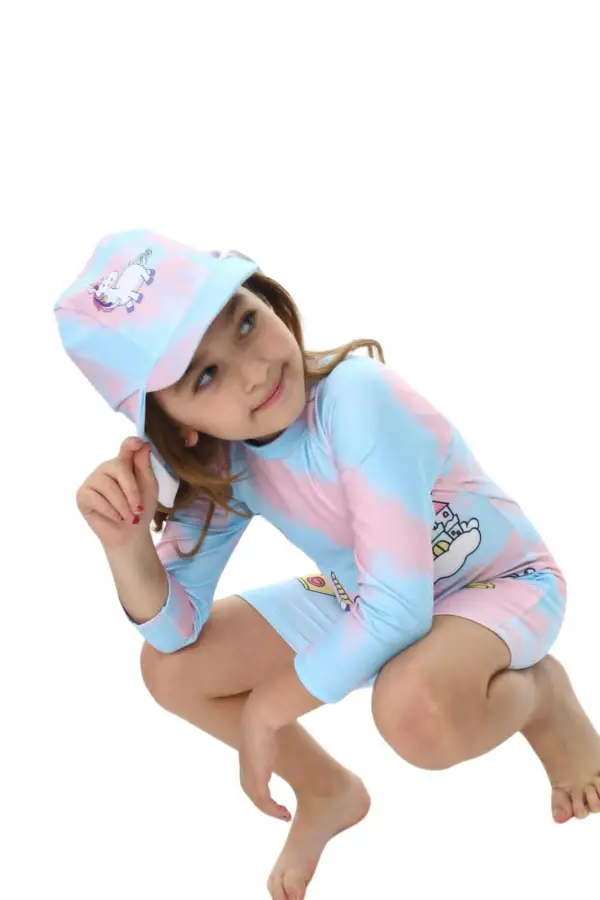 Kız Çocuk Unicorn Uzun Kollu Fermuarlı Şapkalı Mayo Takımı