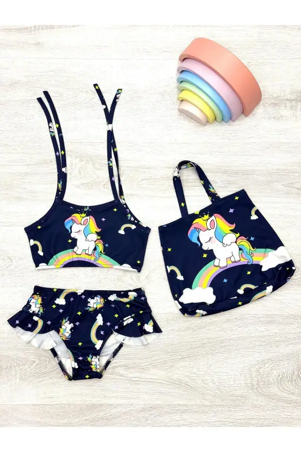 Üç Parça Çantalı Kız Çocuk Fırfırlı Bikini Takım