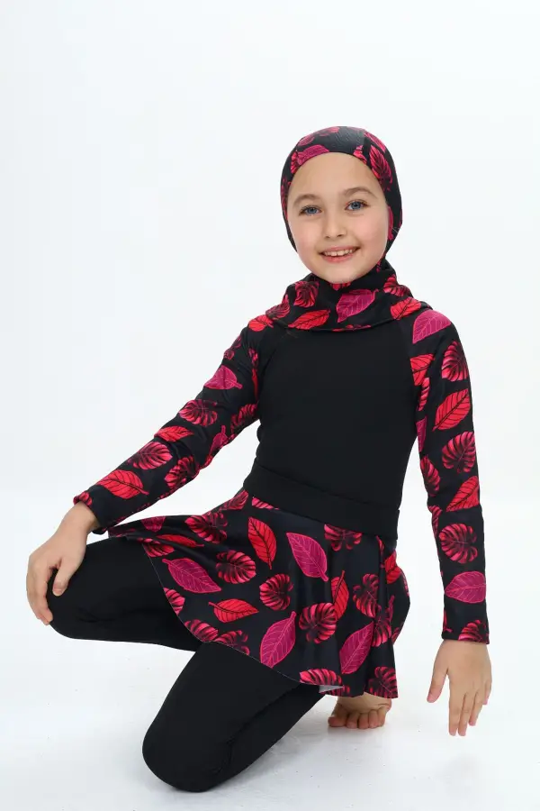 Üç Parça Kız Çocuk Haşema, Tesettür, Etekli, Kapalı Mayo